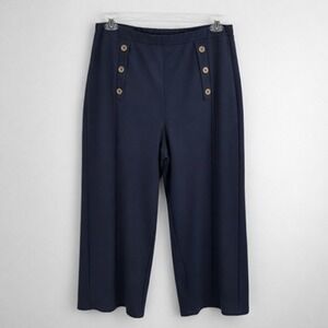 Saint + Sofia Pants Womens 14 Navy Ponte Wide Leg Cropped Sailor Button Pull On